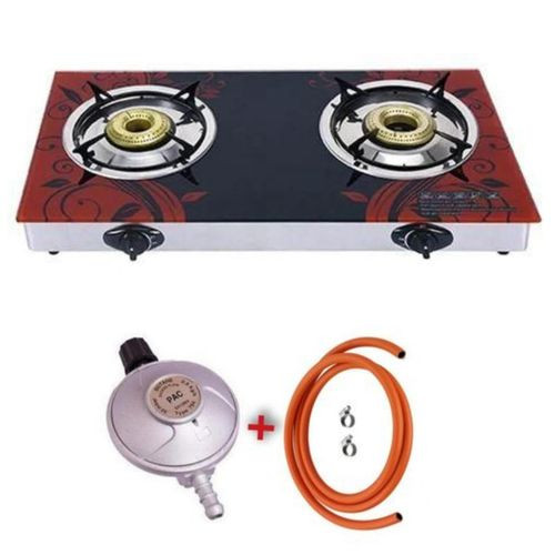 Pixel Complete Double Burner Tempered Glass Gas Stove Kit For 6Kg Cylinder- Black