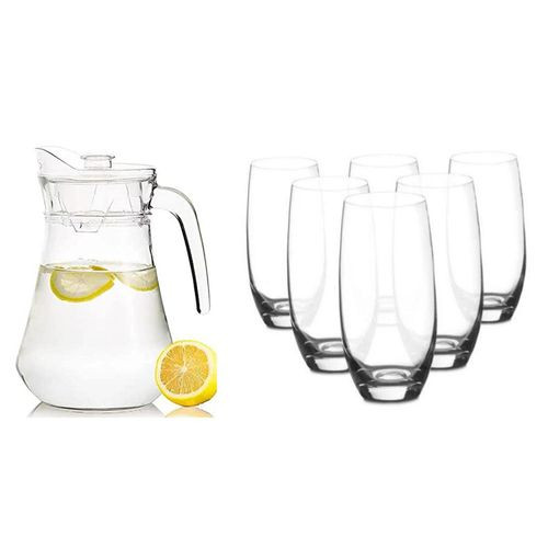 Big Glass Pitcher Jug With 6 Glasses-Transparent