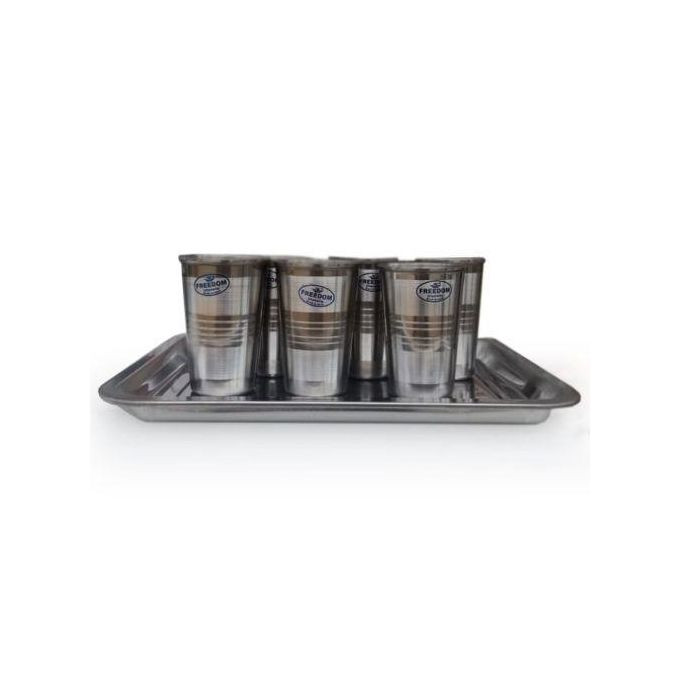 7 Pc Set Of Tumblers With Stainless Steel Tray - Silver
