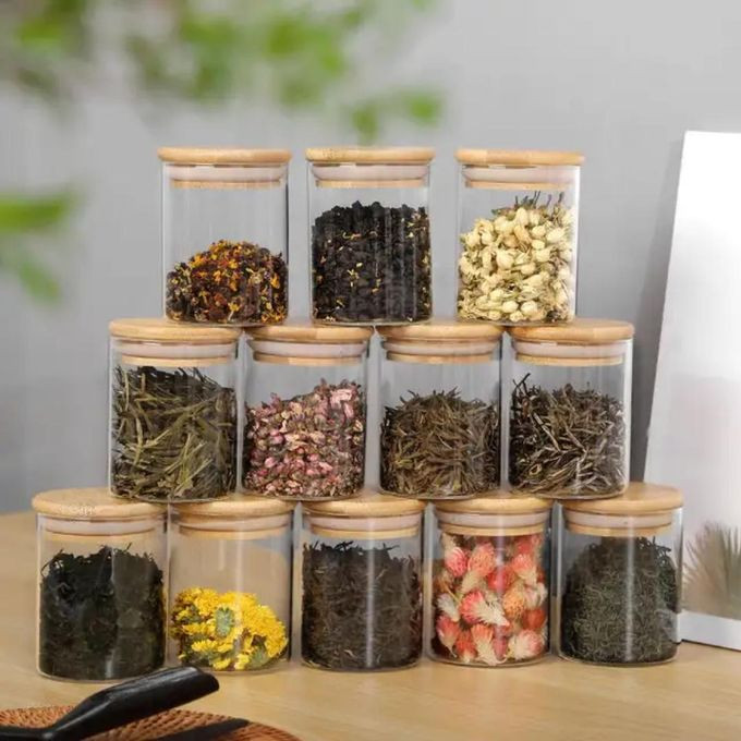 Glass spice jars with bamboo airtight lids - 12pcs