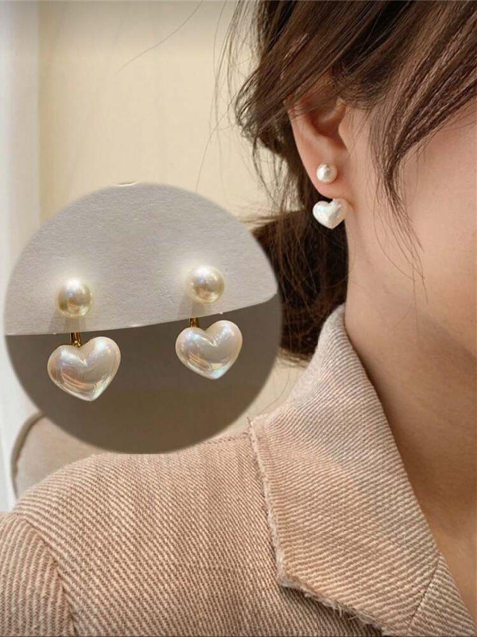 topshiny 1 Pair Minimalist Heart-Shaped Pearl Earrings, Korean Style Earrings For Women