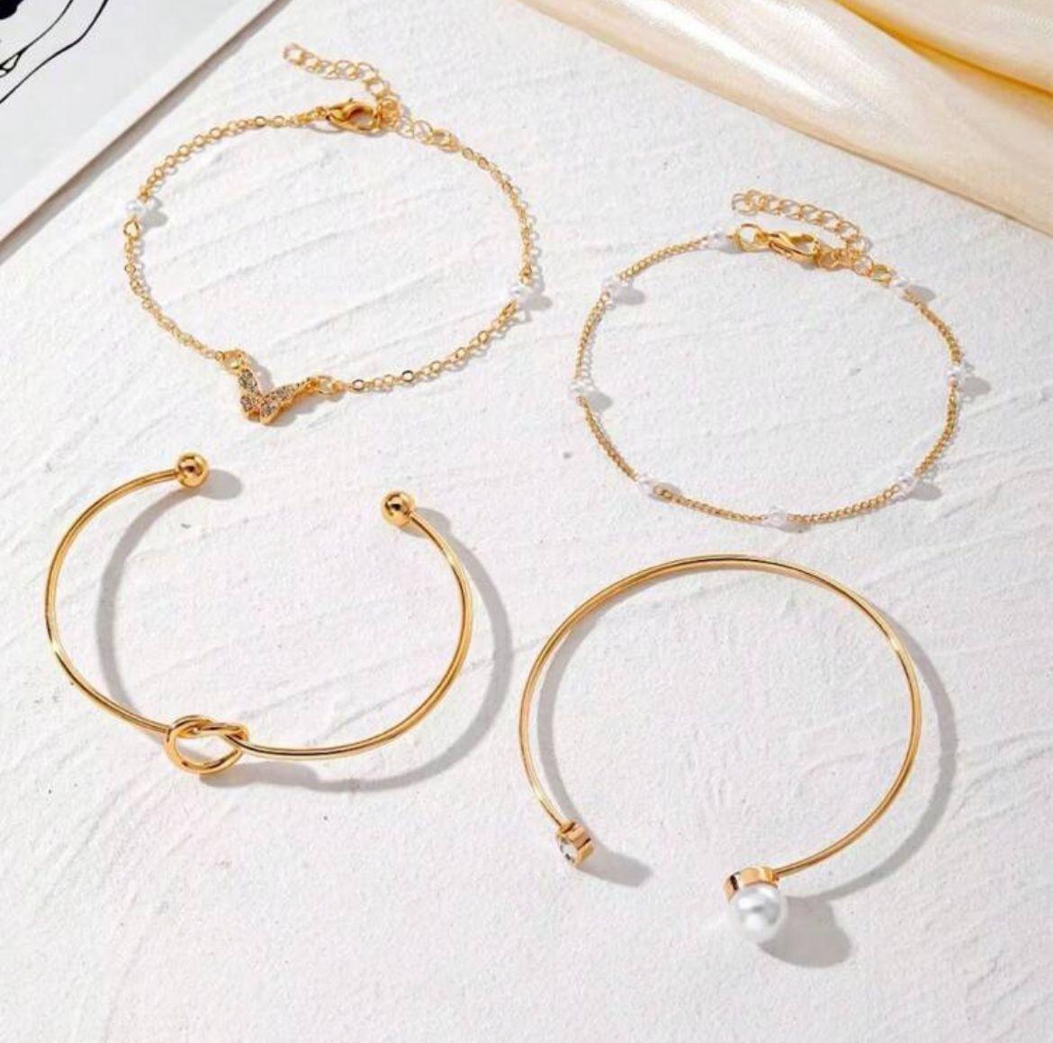 1set Minimalist Butterfly & Faux Pearl Bracelet Set